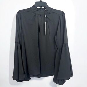 T Tahari Blouse Womens Size S Black Mock Neck Keyhole Large Bell Sleeve Chic